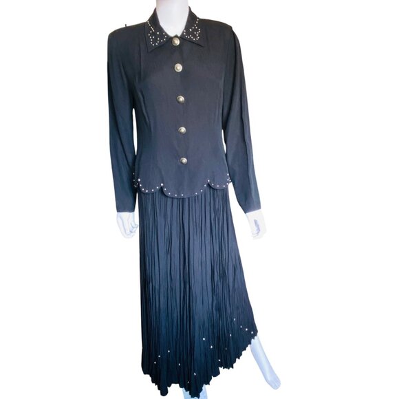 Coldwater Creek Vintage Black Pleated Skirt & Scalloped Blazer Set Size 6/ Small - Picture 1 of 16